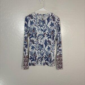 Whimsy Rose Shirt Womens Small White Blue Floral Butterknit Long Sleeve USA